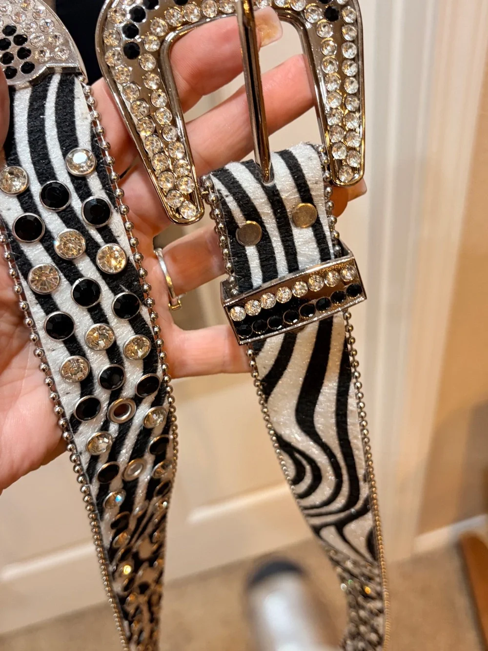 Cow hair Animal Print Rhinestone Western Belt - Black & White